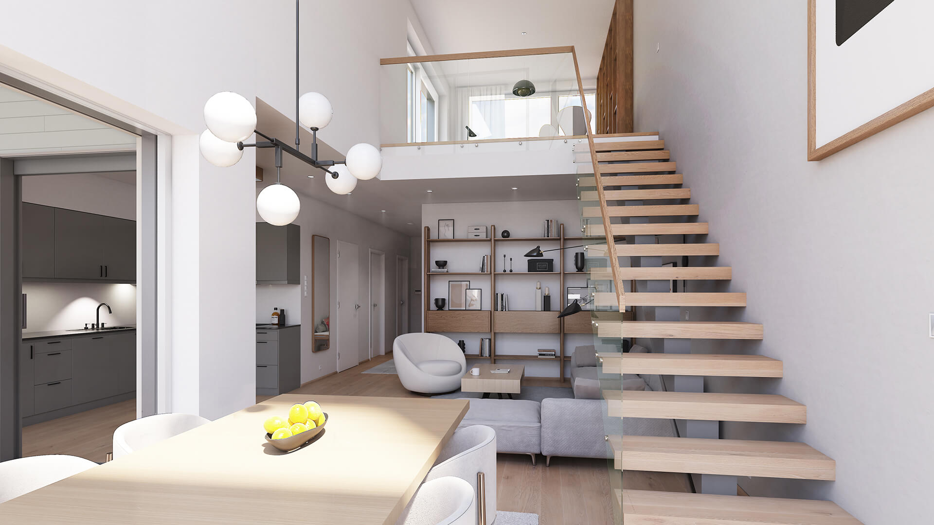 Stue med trapp opp til takterrasse